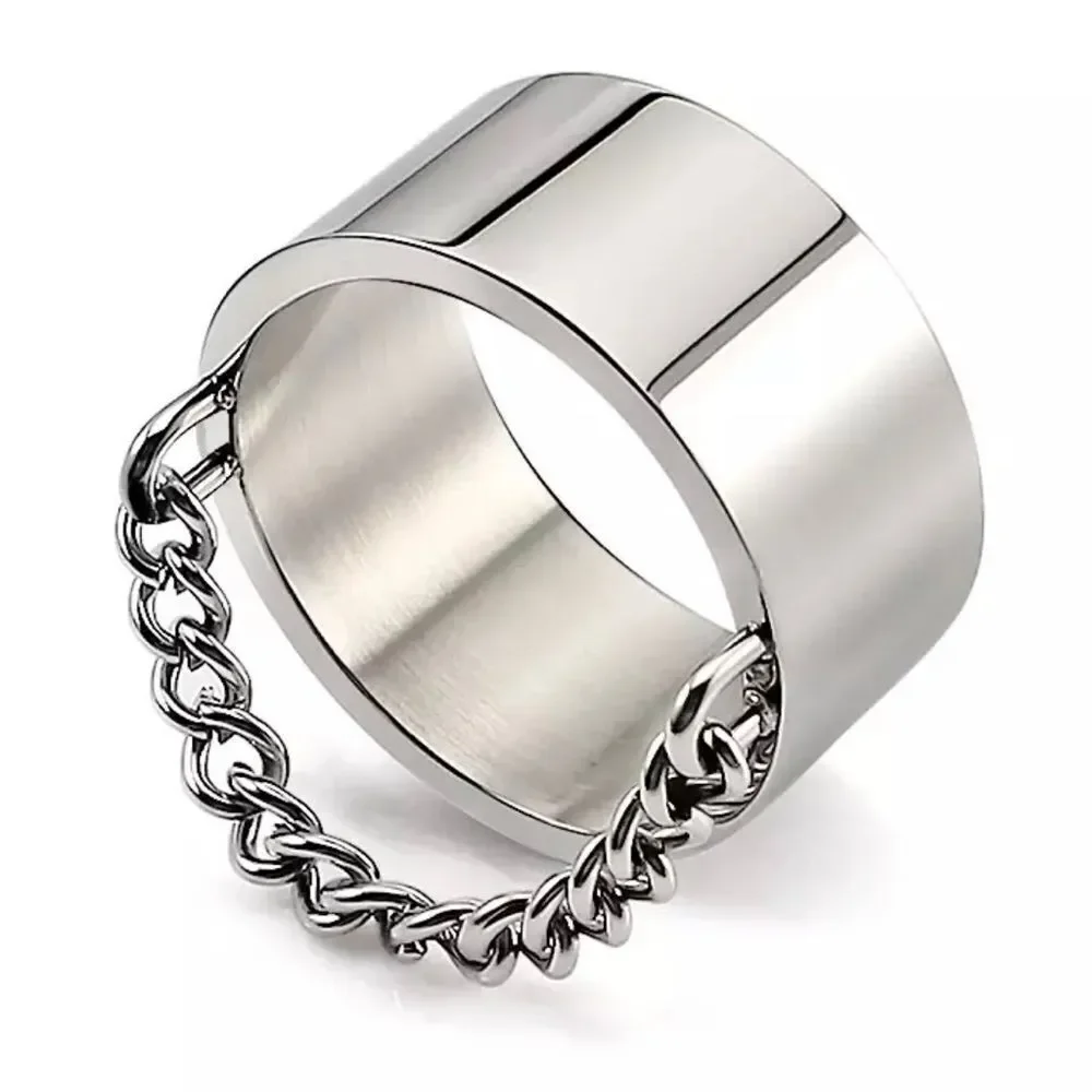 Silver Dangling Curb Chain Wide Stainless Steel Statement Band Ring NEW